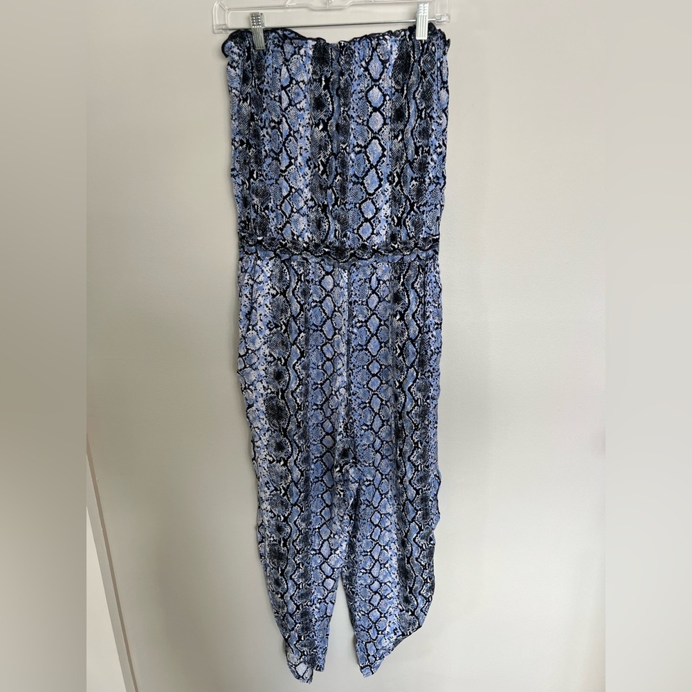 Bar III Blue Snakeskin Print Strapless Jumpsuit Women’s Large Split Seam Pants